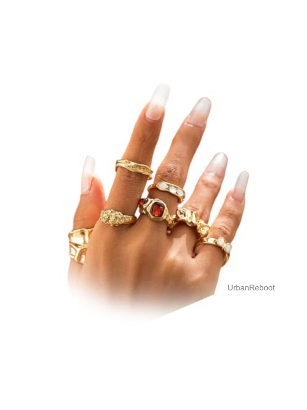 Chunky Hammered Gold Stacking Ring Set for Women Boho Red Crystal Rings Gift